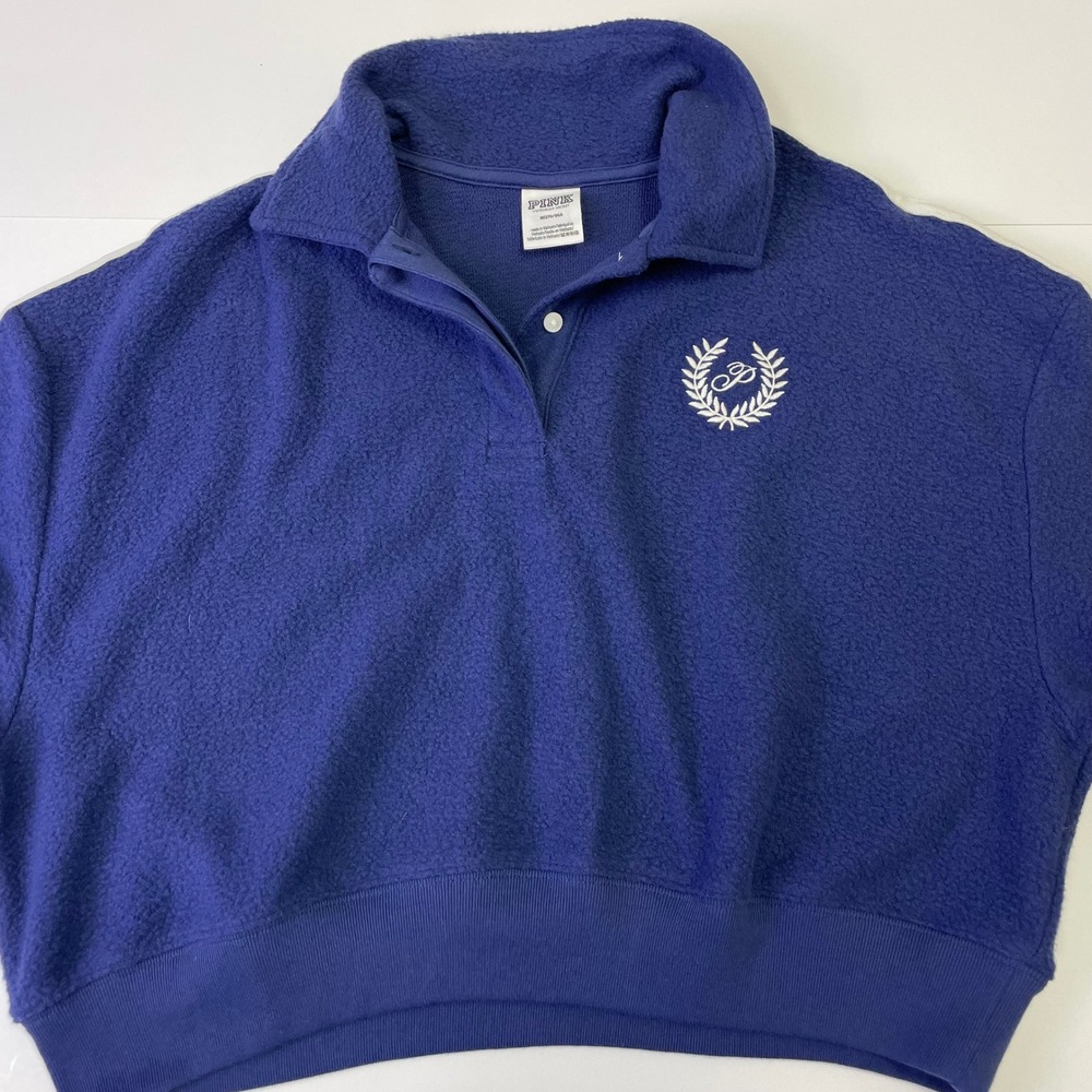 PINK Victorias Secret Navy Blue Cropped Fleece Polo Pullover Sweatshirt Medium - Picture 6 of 16